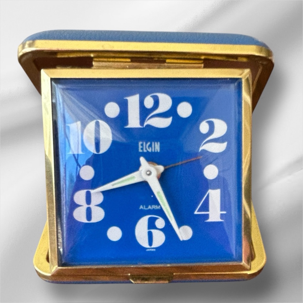 Vintage Elgin Folding Travel Alarm Clock Blue Gold Wind Up Analog Portable Japan
